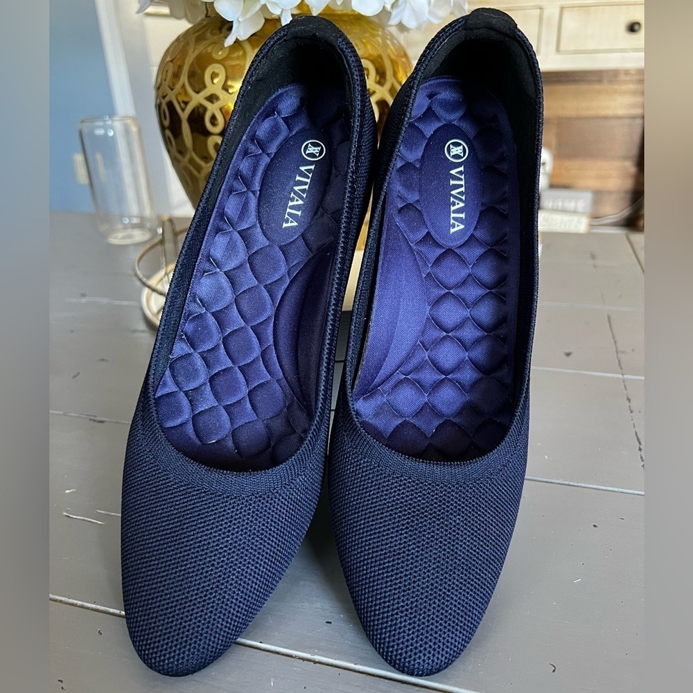 Vivaia Margot Squared Toe Wedge Shoes‎ Size 39 Navy Blue